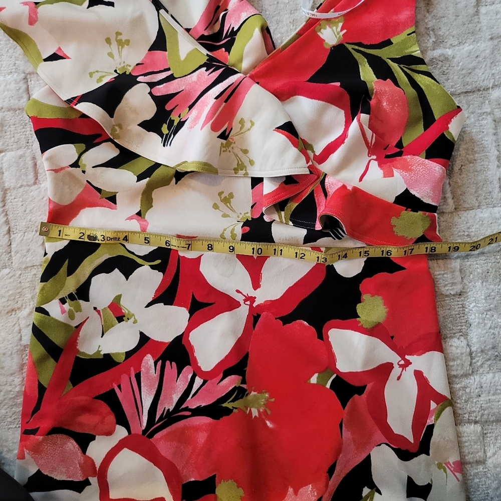NWT HALSTON Floral Printed Asymmetric Ruffle  Black Red Size 14 - Picture 7 of 10
